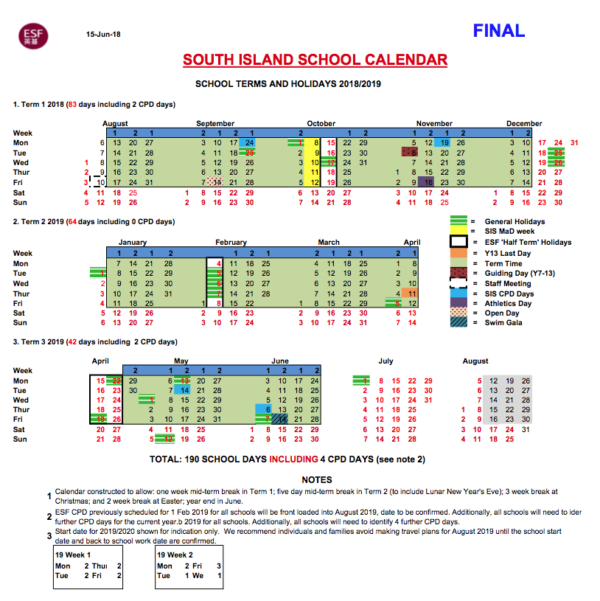 School Calendar 201819 South Island School ESF